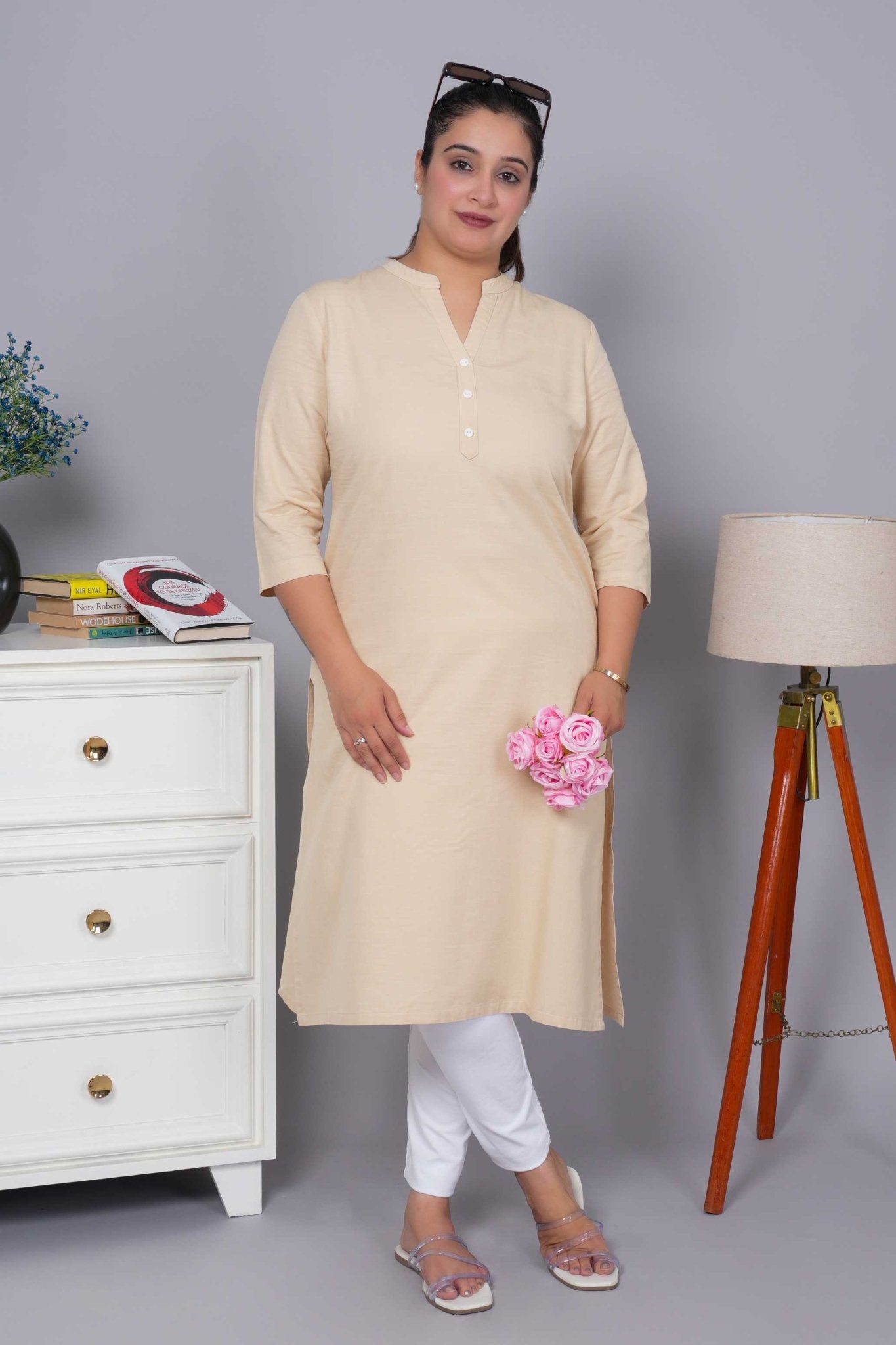 Beige 100% Premium Cotton Long Kurta - Long kurta