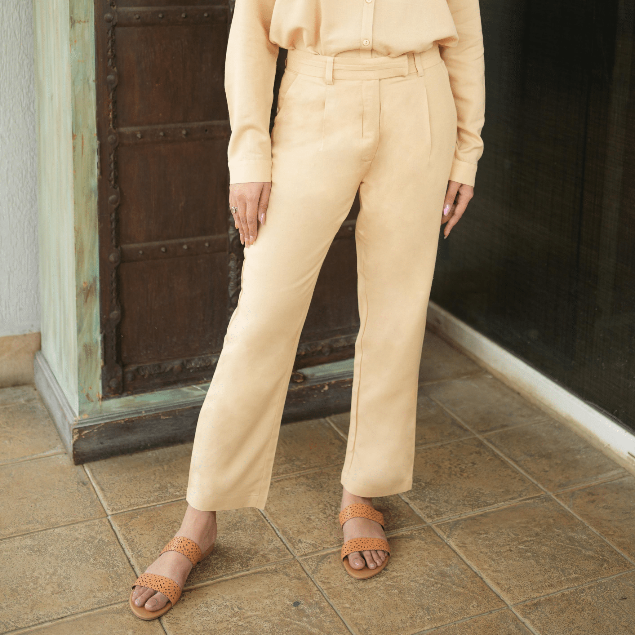 Beige cotton linen straight fit pant - Linen straight pants