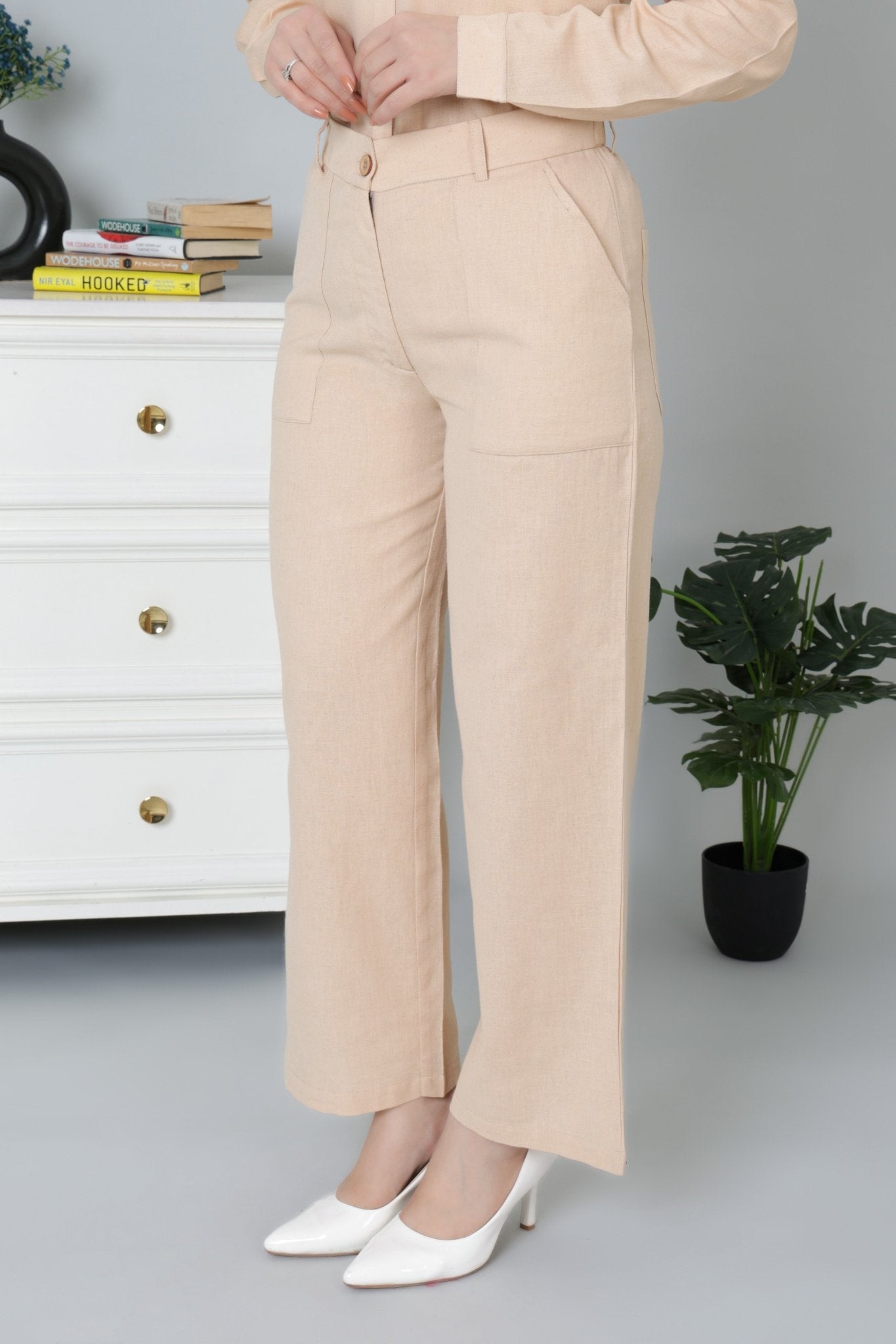 Beige linen high waist pant -