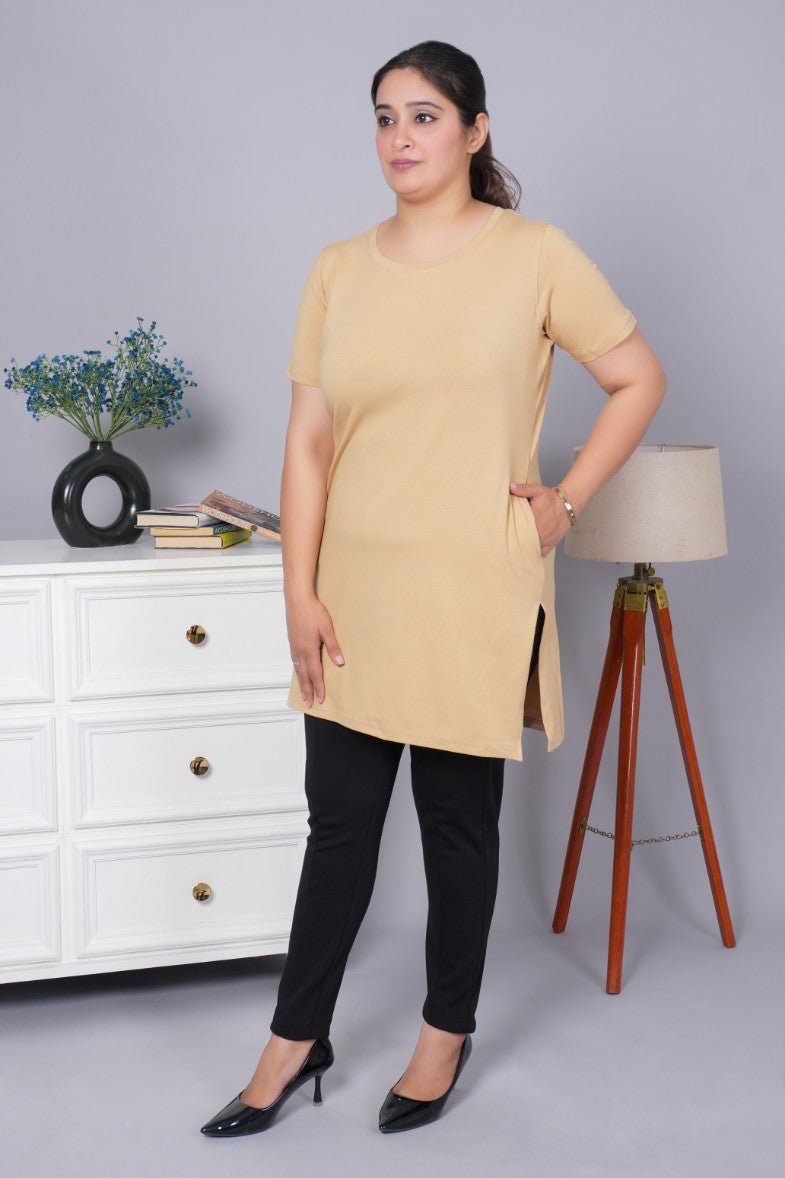 Beige long round neck cotton t-shirt with pockets - Long cotton t-shirt