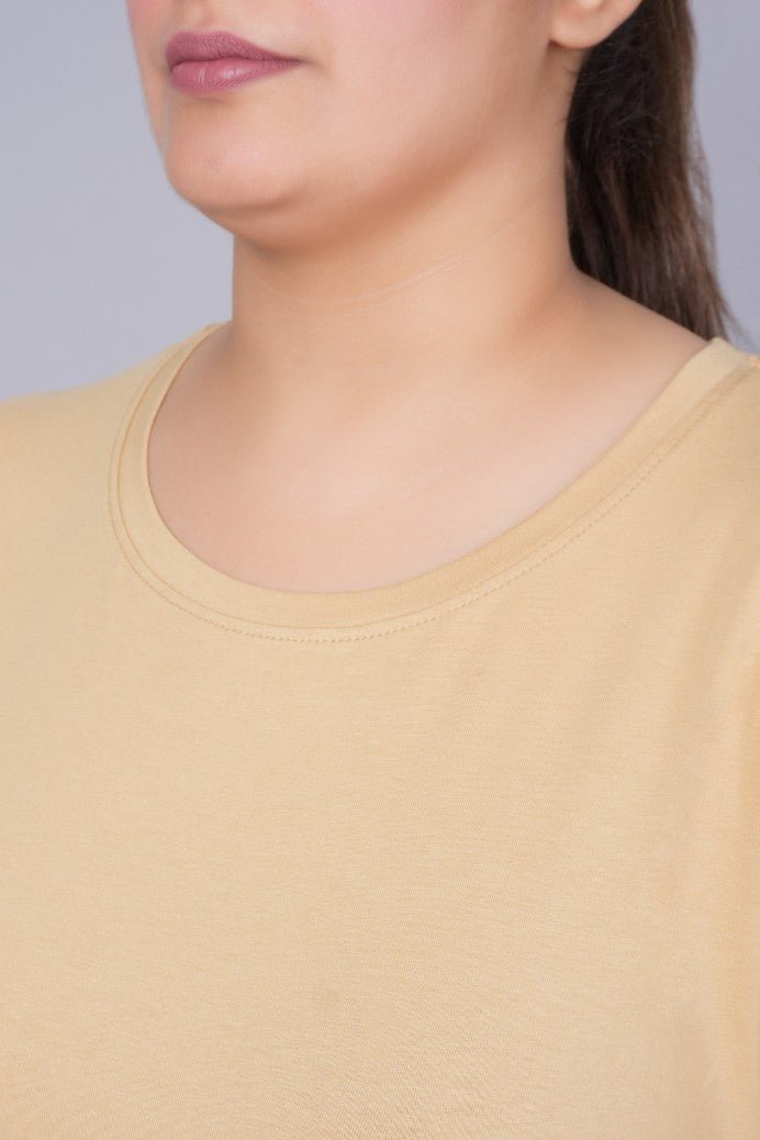 Beige long round neck cotton t-shirt with pockets - Long cotton t-shirt