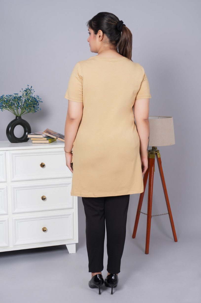 Beige long round neck cotton t-shirt with pockets - Long cotton t-shirt