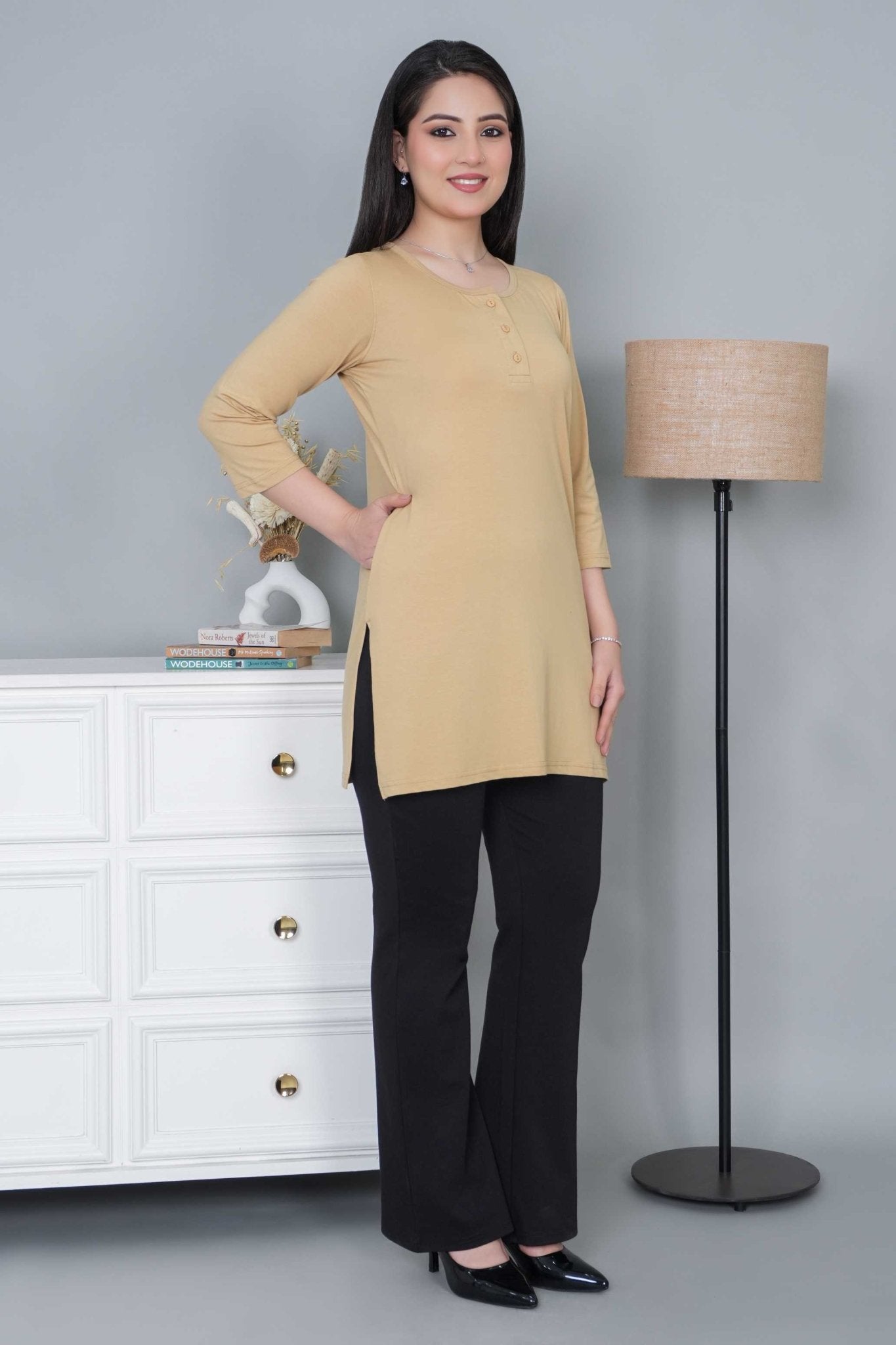 Beige long round neck henley cotton lycra t-shirt with pockets - Long cotton t-shirt