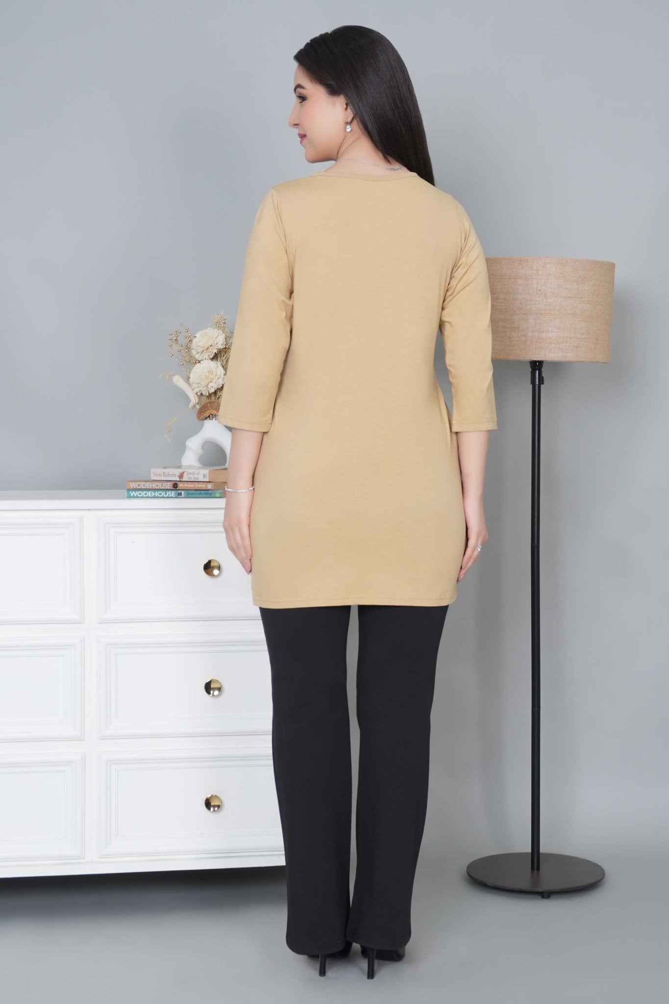 Beige long round neck henley cotton lycra t-shirt with pockets - Long cotton t-shirt