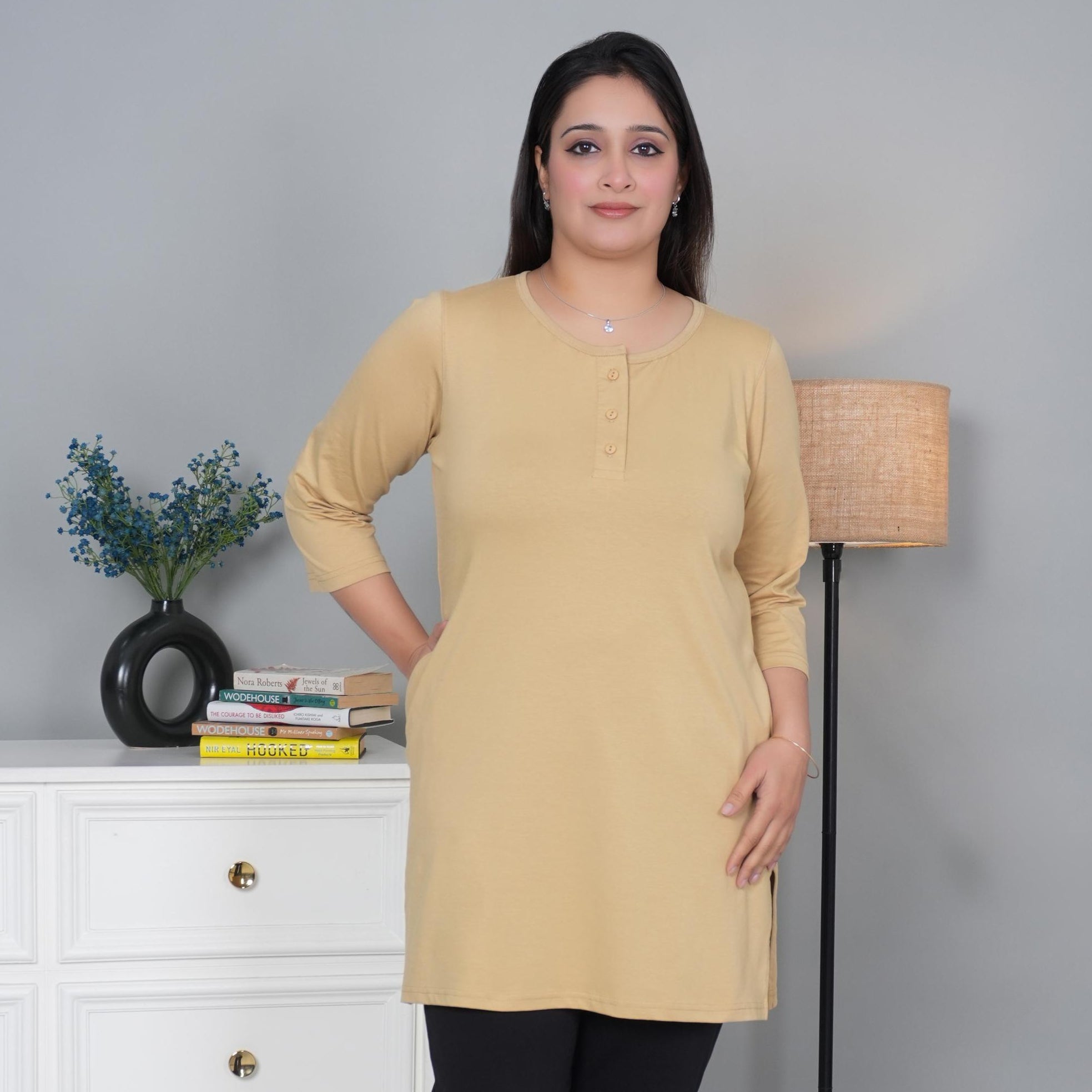 Beige long round neck henley cotton lycra t-shirt with pockets - Long cotton t-shirt