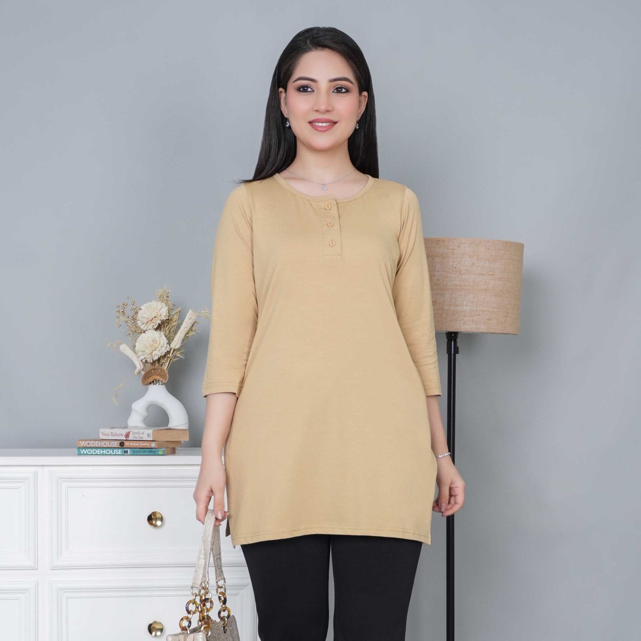 Beige long round neck henley cotton lycra t-shirt with pockets - Long cotton t-shirt