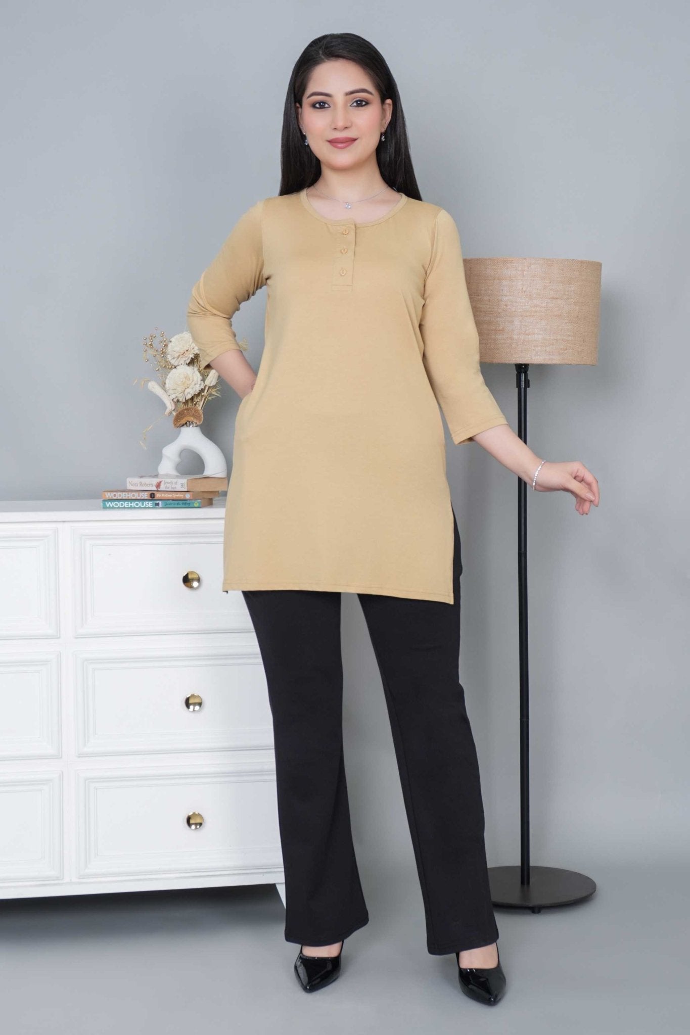 Beige long round neck henley cotton lycra t-shirt with pockets - Long cotton t-shirt