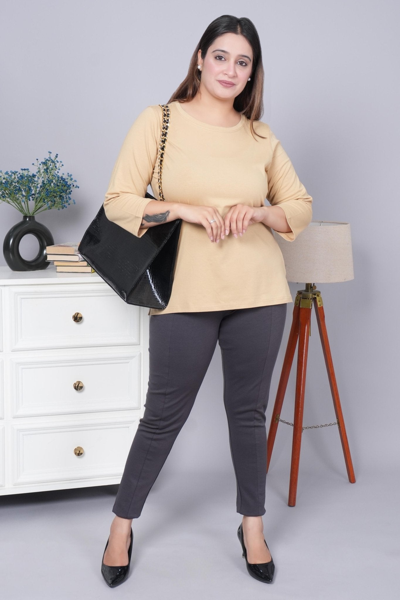 Beige Round Neck Cotton 3/4 Sleeve T Shirt - Cotton t shirt