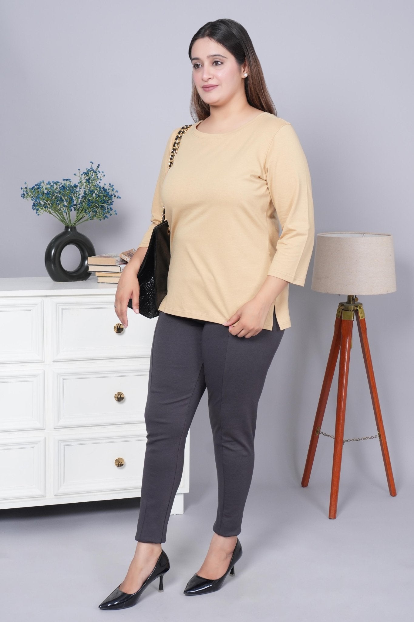 Beige Round Neck Cotton 3/4 Sleeve T Shirt - Cotton t shirt