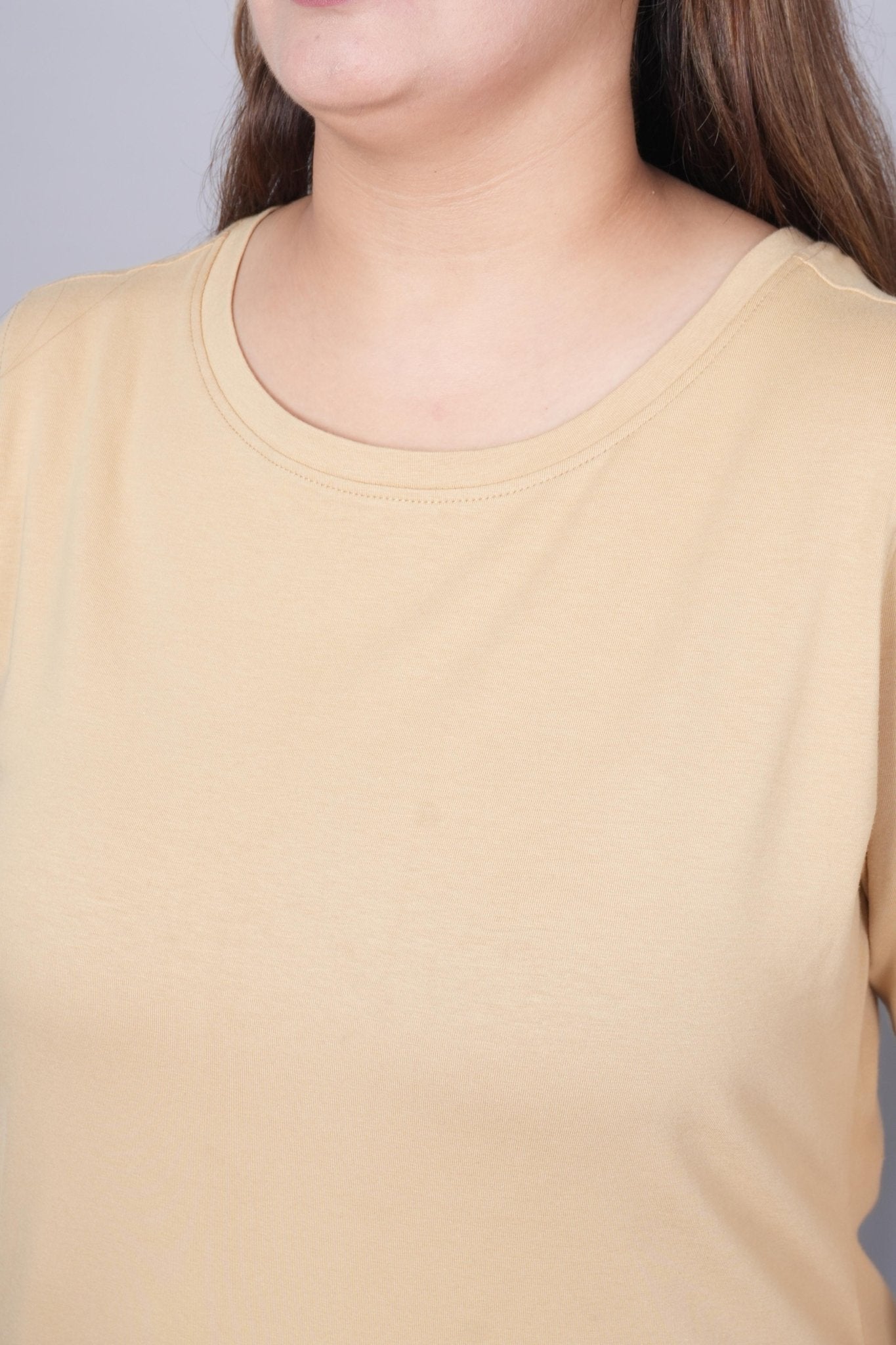 Beige Round Neck Cotton 3/4 Sleeve T Shirt - Cotton t shirt