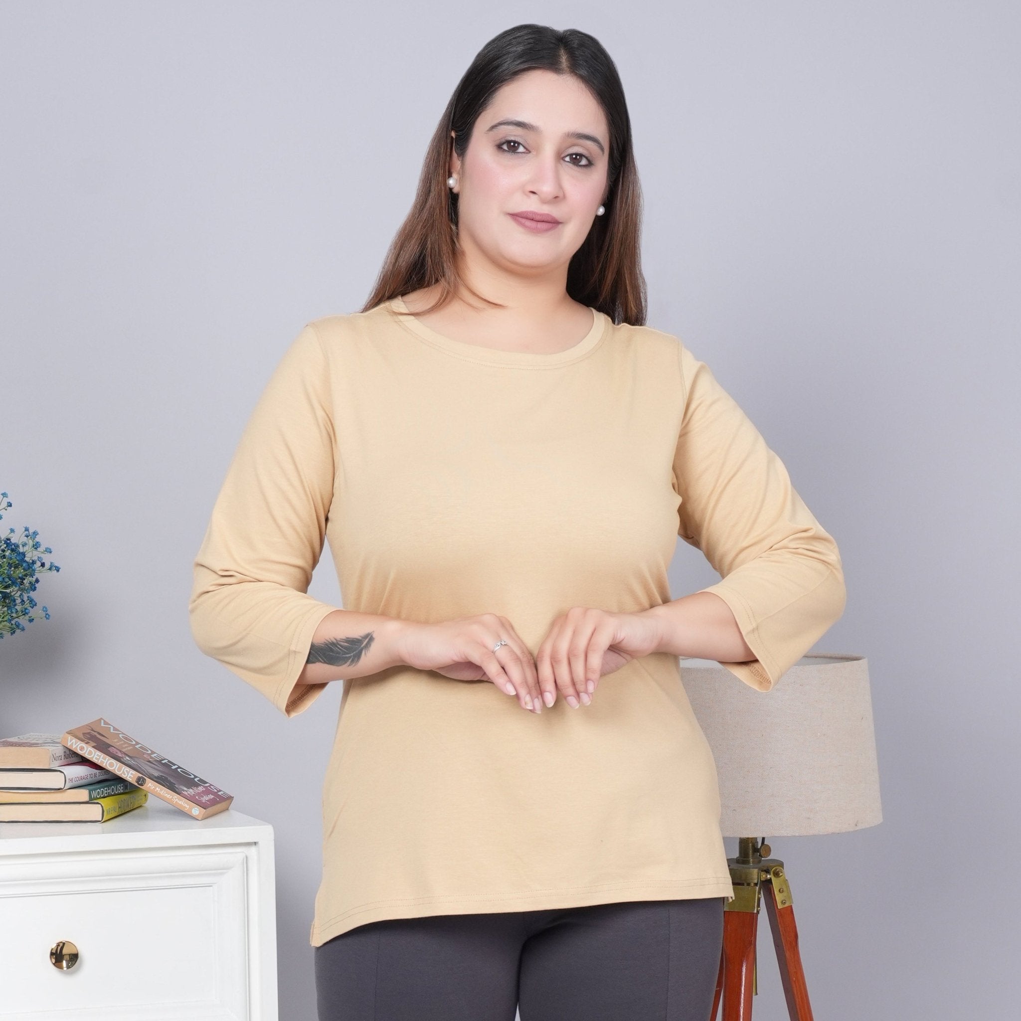 Beige Round Neck Cotton 3/4 Sleeve T Shirt - Cotton t shirt