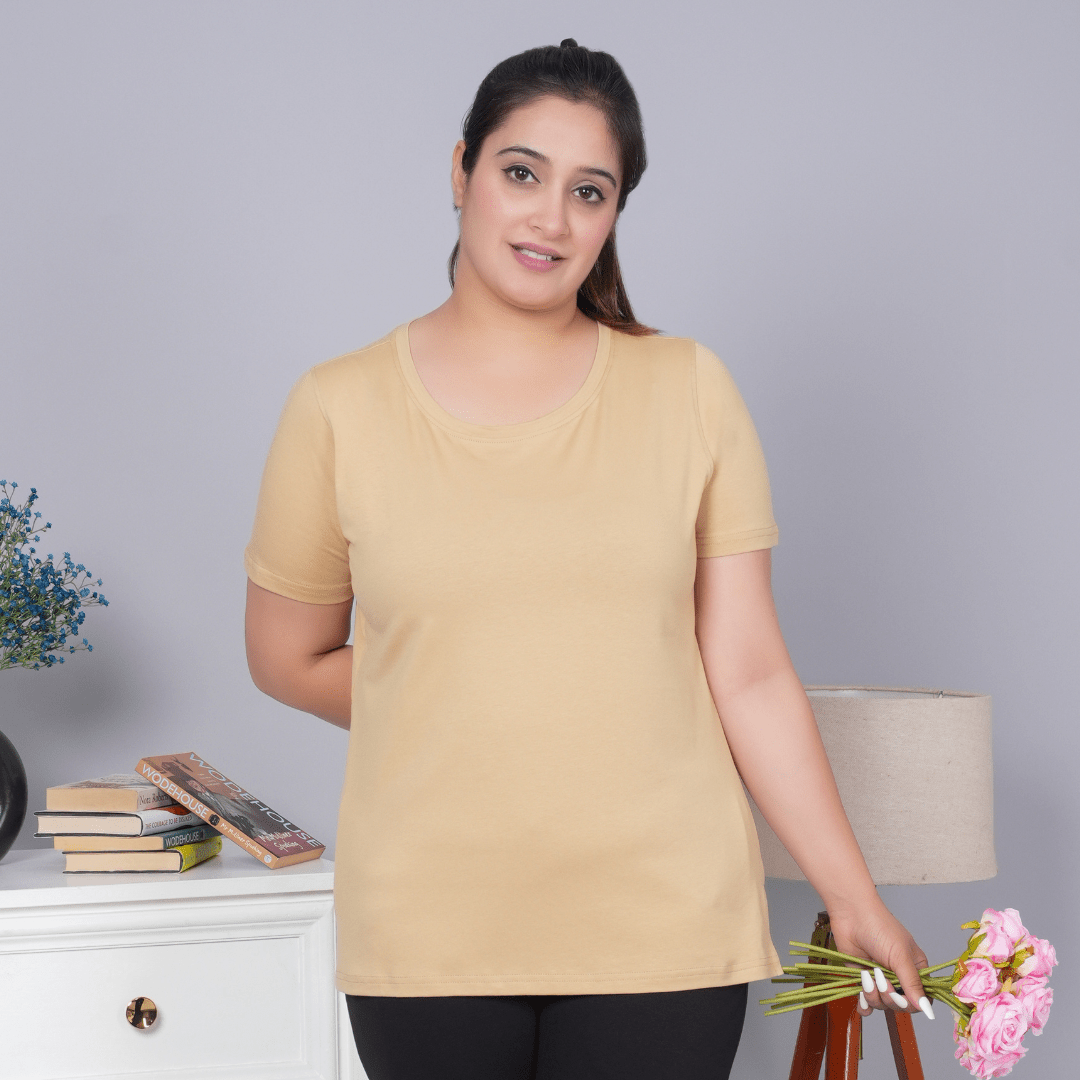 Beige round neck cotton t-shirt with pockets - Cotton round neck t-shirt
