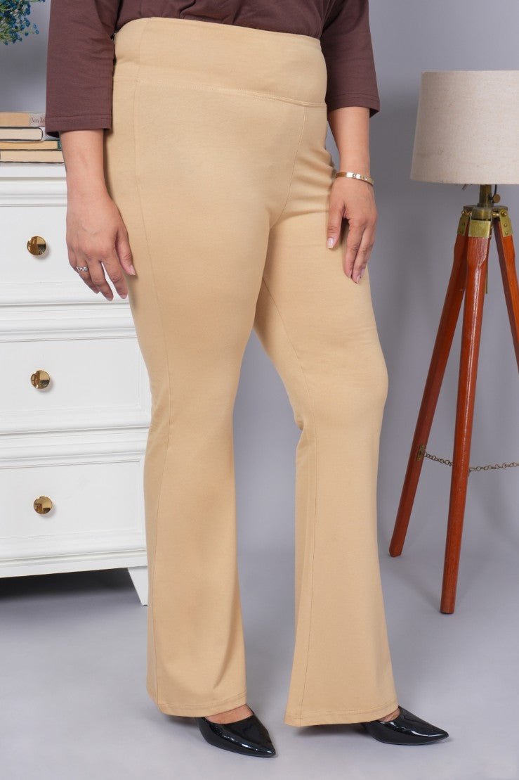 Beige stretchable biowash cotton flare pants with superior elastic belt. - Cotton flare