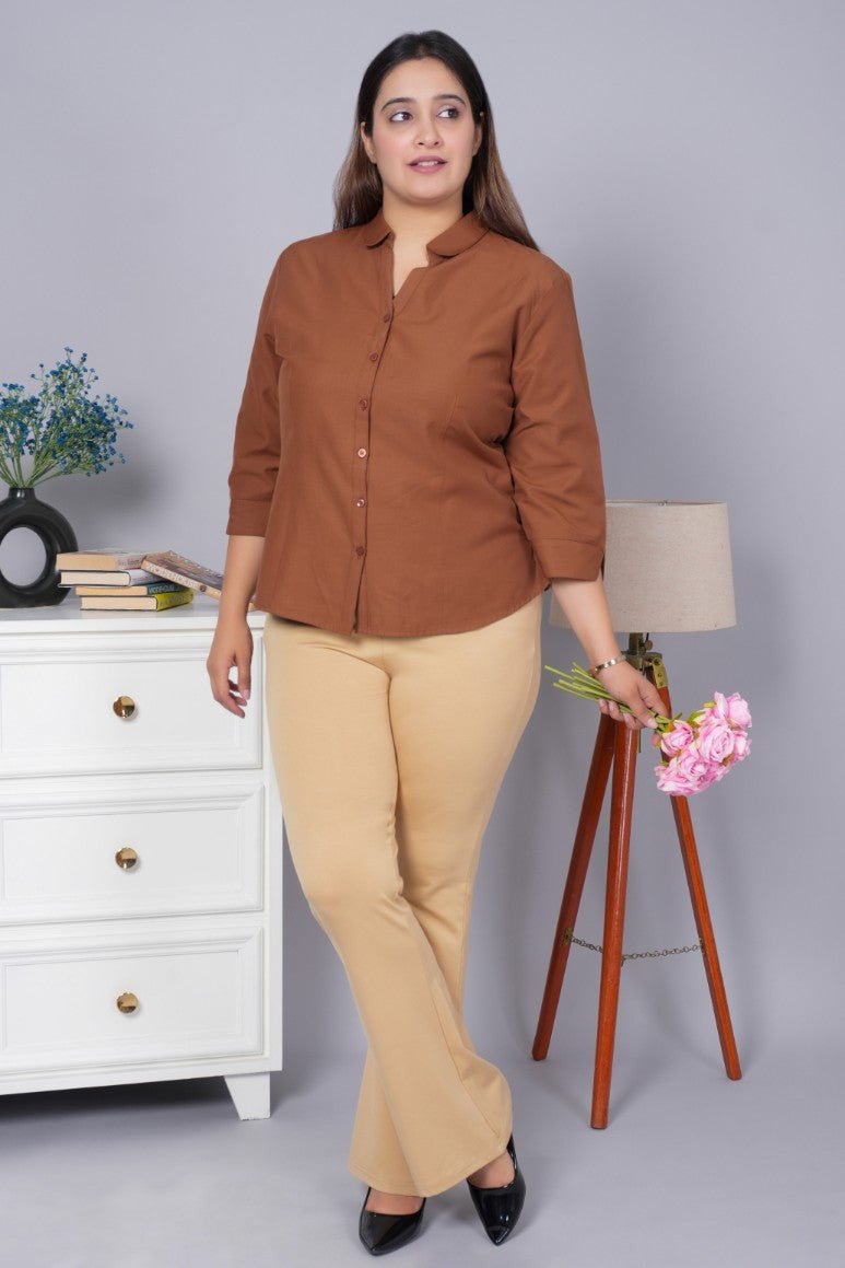 Beige stretchable biowash cotton flare pants with superior elastic belt. - Cotton flare