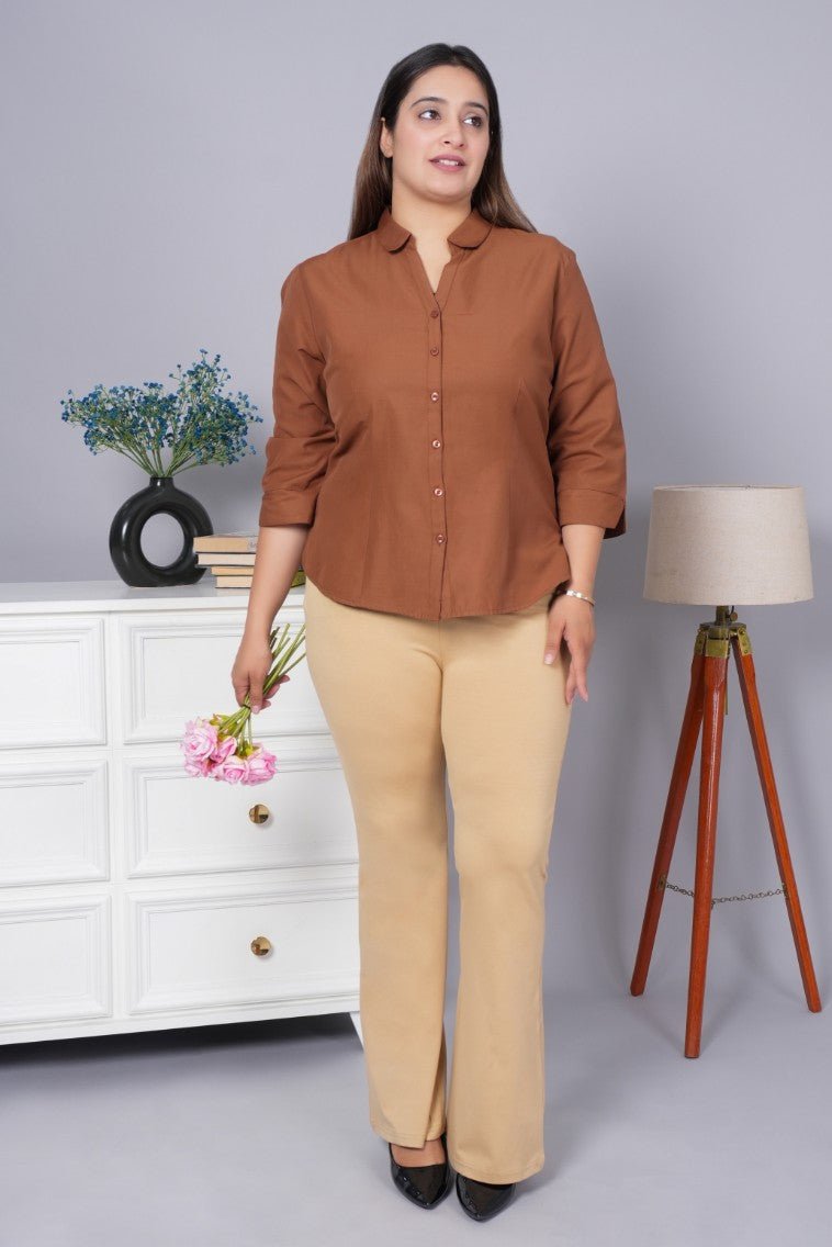 Beige stretchable biowash cotton flare pants with superior elastic belt. - Cotton flare