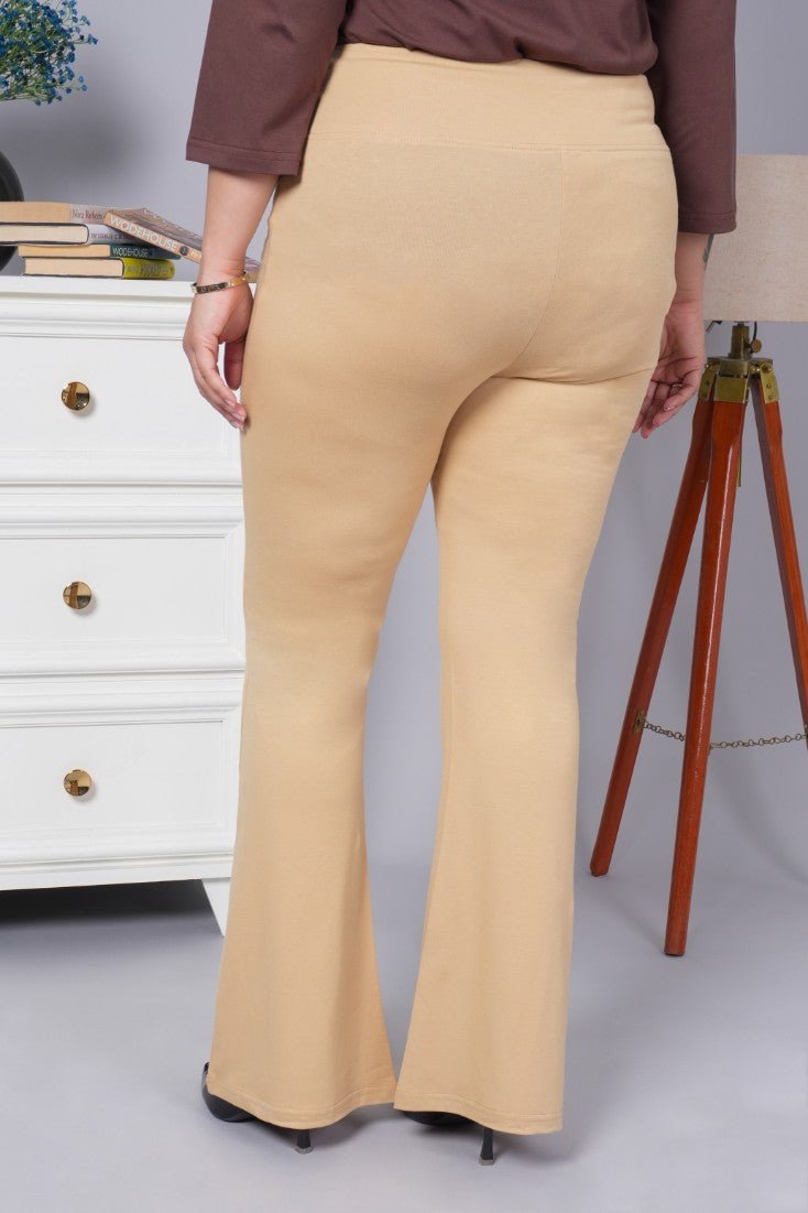 Beige stretchable biowash cotton flare pants with superior elastic belt. - Cotton flare