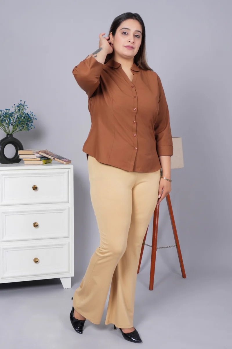 Beige stretchable biowash cotton lycra flare legging with superior elastic belt. -Cotton flare