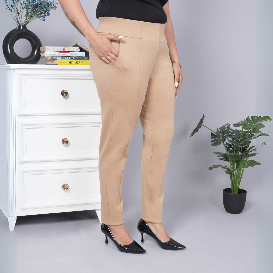 Beige stretchable biowash USA HQ cotton premium jegging pant with pockets & superior elastic belt. - Milano jegging pants with pcoket