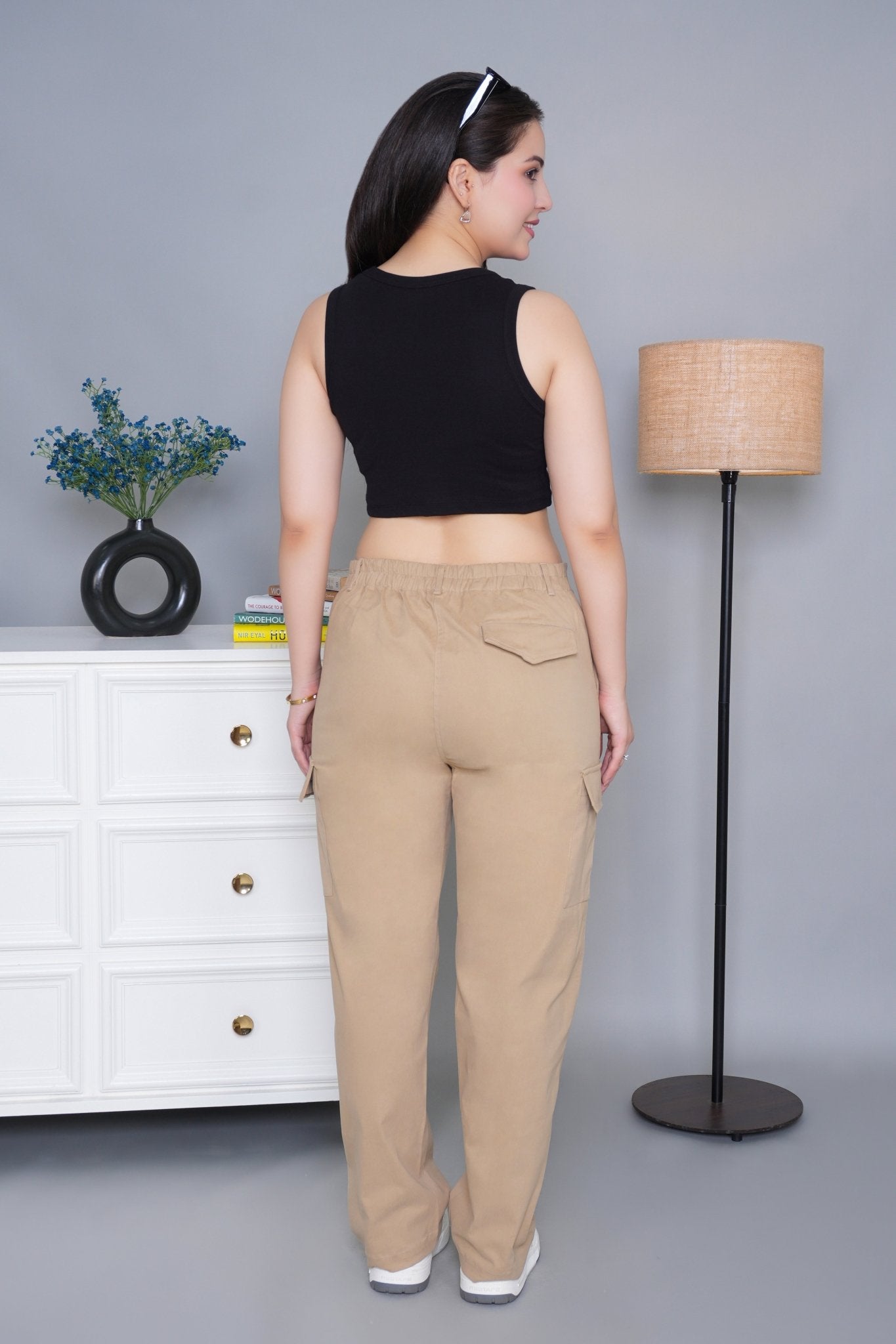 Beige stretchable biowash USA HQ cotton travel cargo pant with superior elastic belt. - Travel Cargo Pants