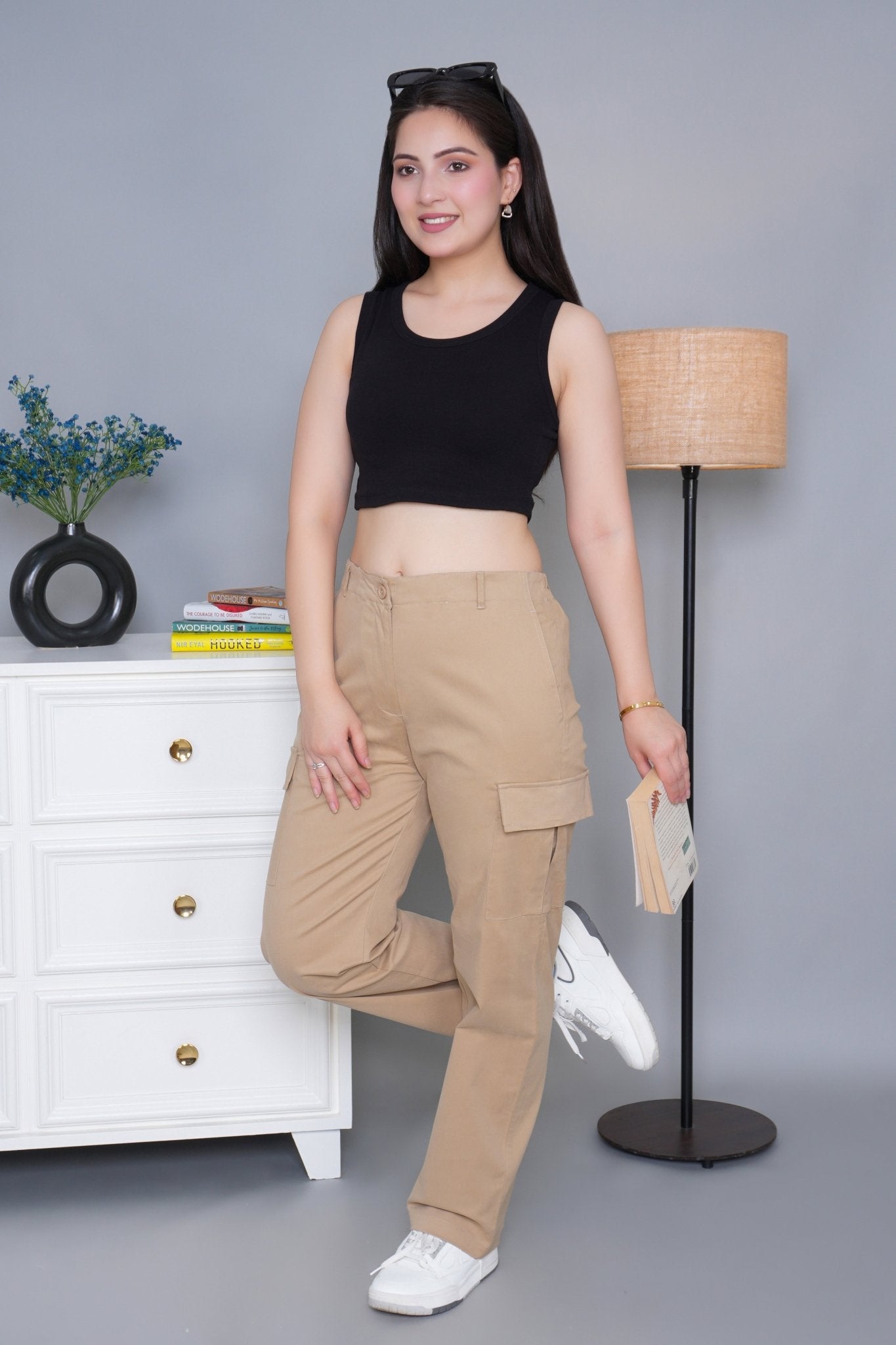 Beige stretchable biowash USA HQ cotton travel cargo pant with superior elastic belt. - Travel Cargo Pants