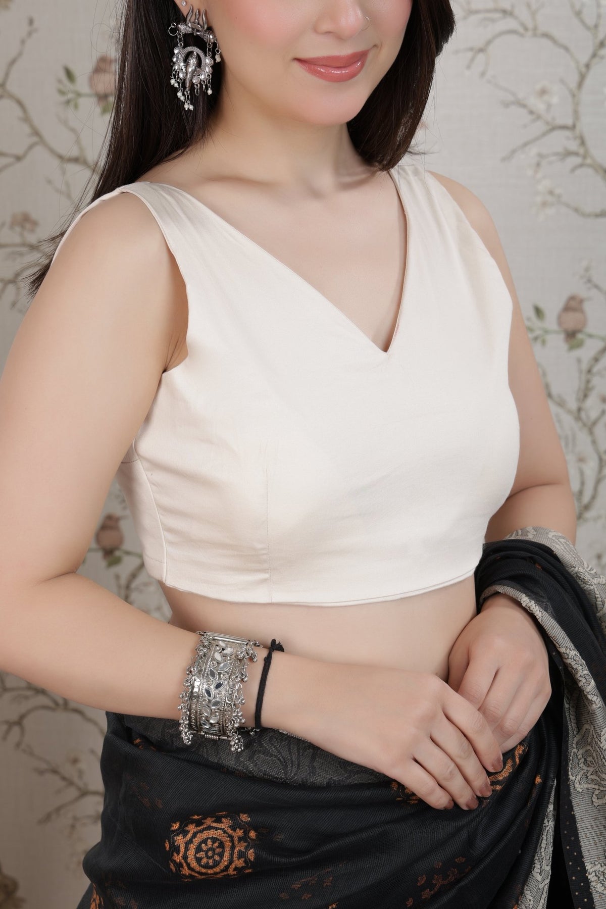 Beige v neck cotton blouse made from premium cotton -Blouse