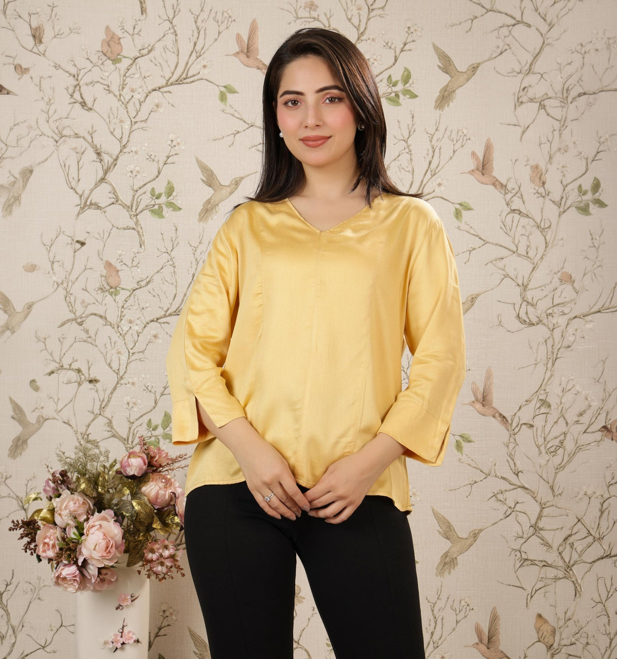Beige v-neck satin top -satin shirt
