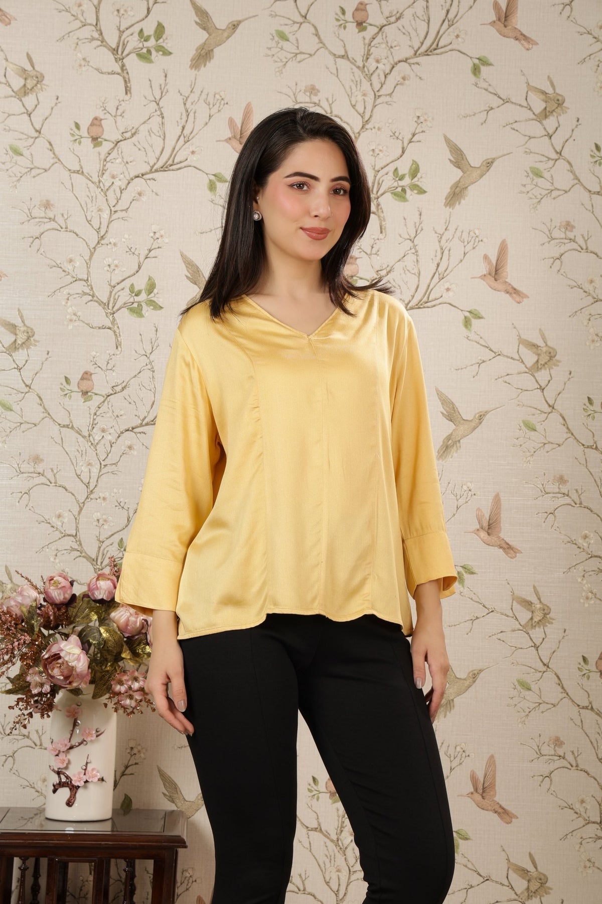 Beige v-neck satin top -satin shirt