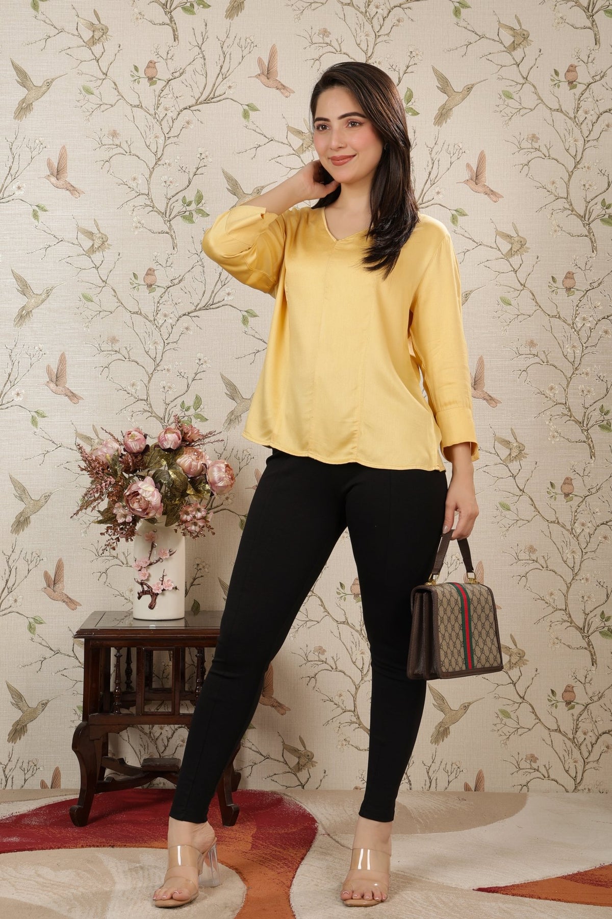 Beige v-neck satin top -satin shirt