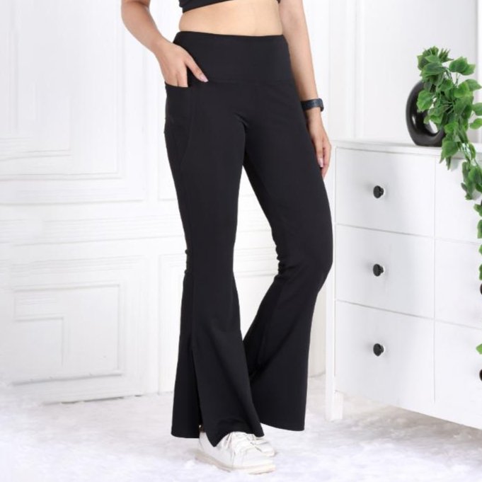 Black sports flare pants with slit for women, ankle length gym