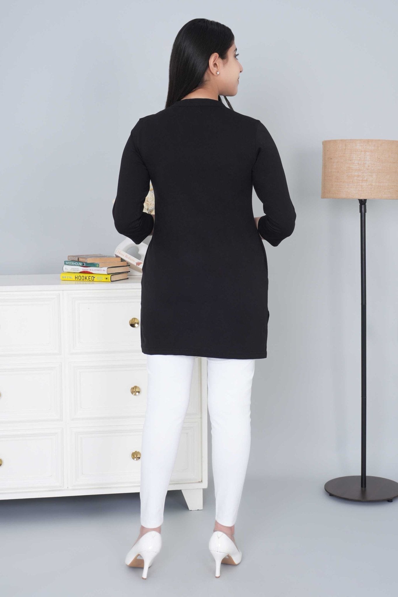 Black cotton kurti tshirt with pockets - Kurti tshirt