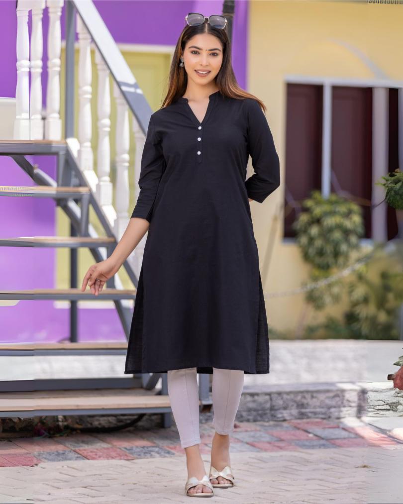 Black Cotton Linen Long Kurti for officewear - Long kurti