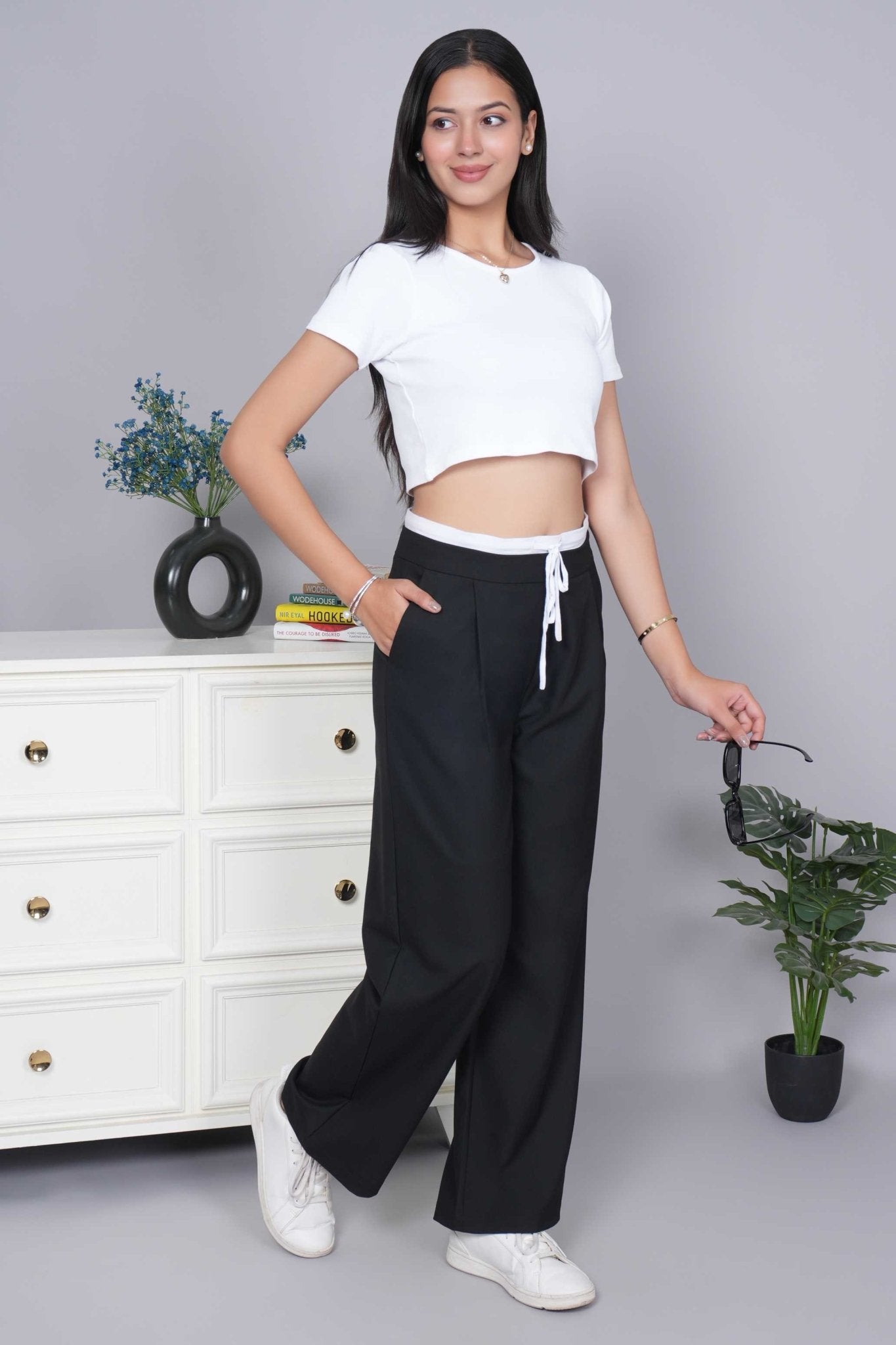 Black high waist belted trouser with spandex - High waist belted trouser