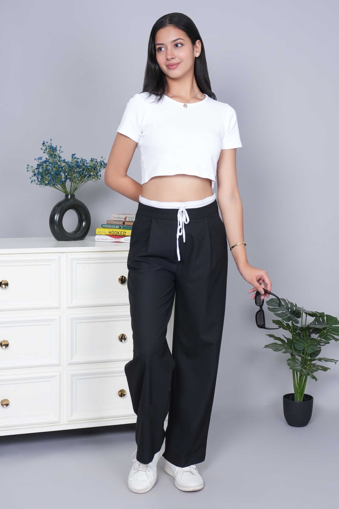 Black high waist belted trouser with spandex - High waist belted trouser