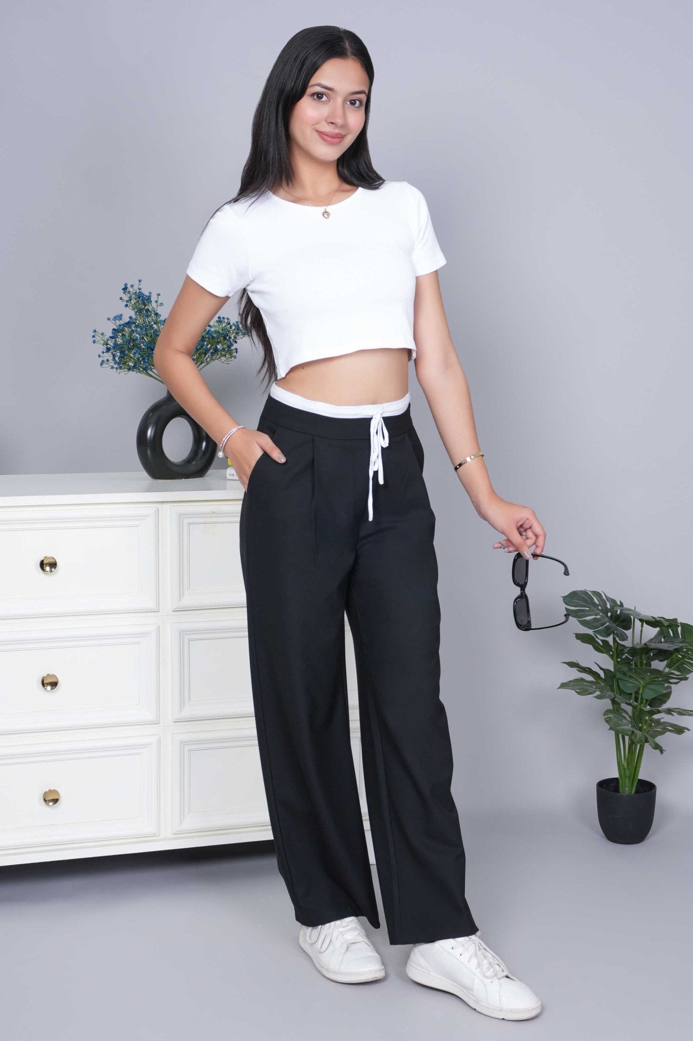 Black high waist belted trouser with spandex - High waist belted trouser
