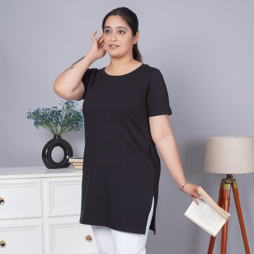 Black long round neck cotton t-shirt with pockets - Long cotton t-shirt