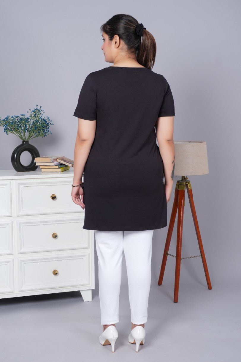 Black long round neck cotton t-shirt with pockets - Long cotton t-shirt
