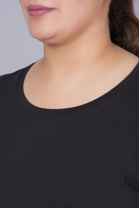 Black long round neck cotton t-shirt with pockets - Long cotton t-shirt