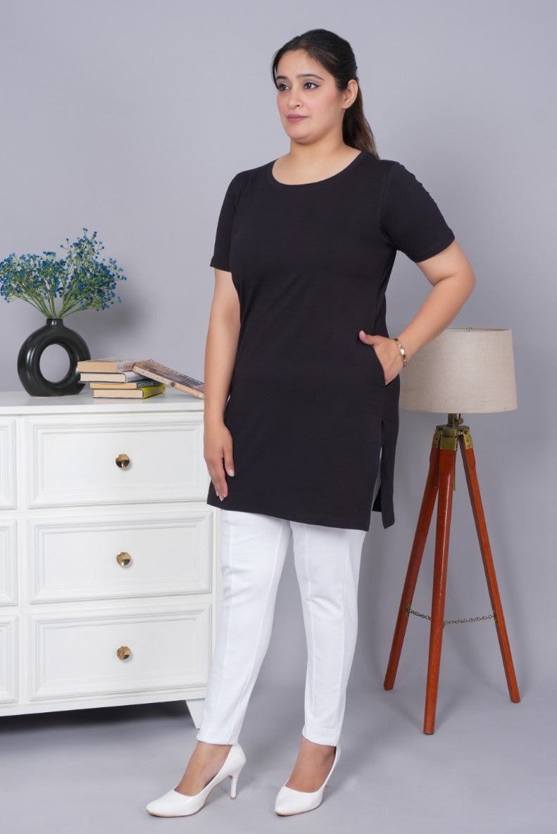 Black long round neck cotton t-shirt with pockets - Long cotton t-shirt