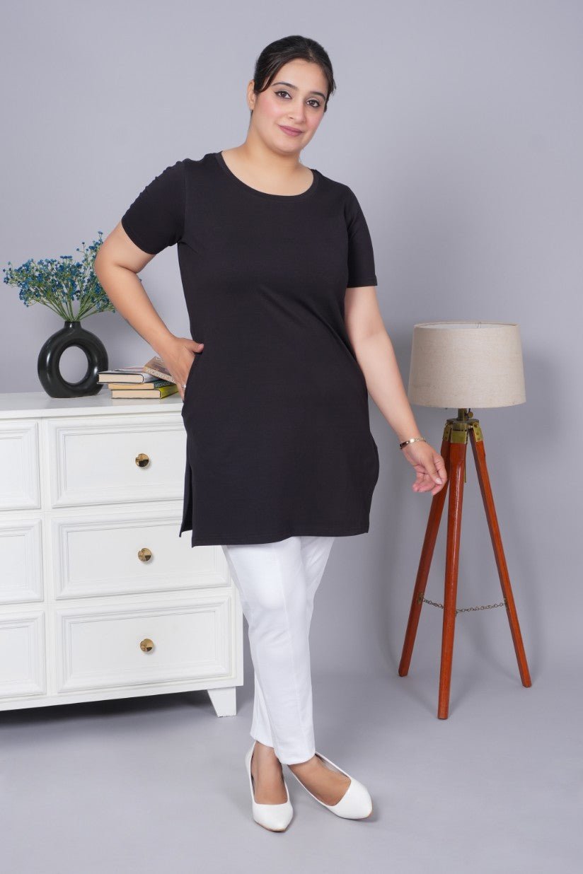 Black long round neck cotton t-shirt with pockets - Long cotton t-shirt