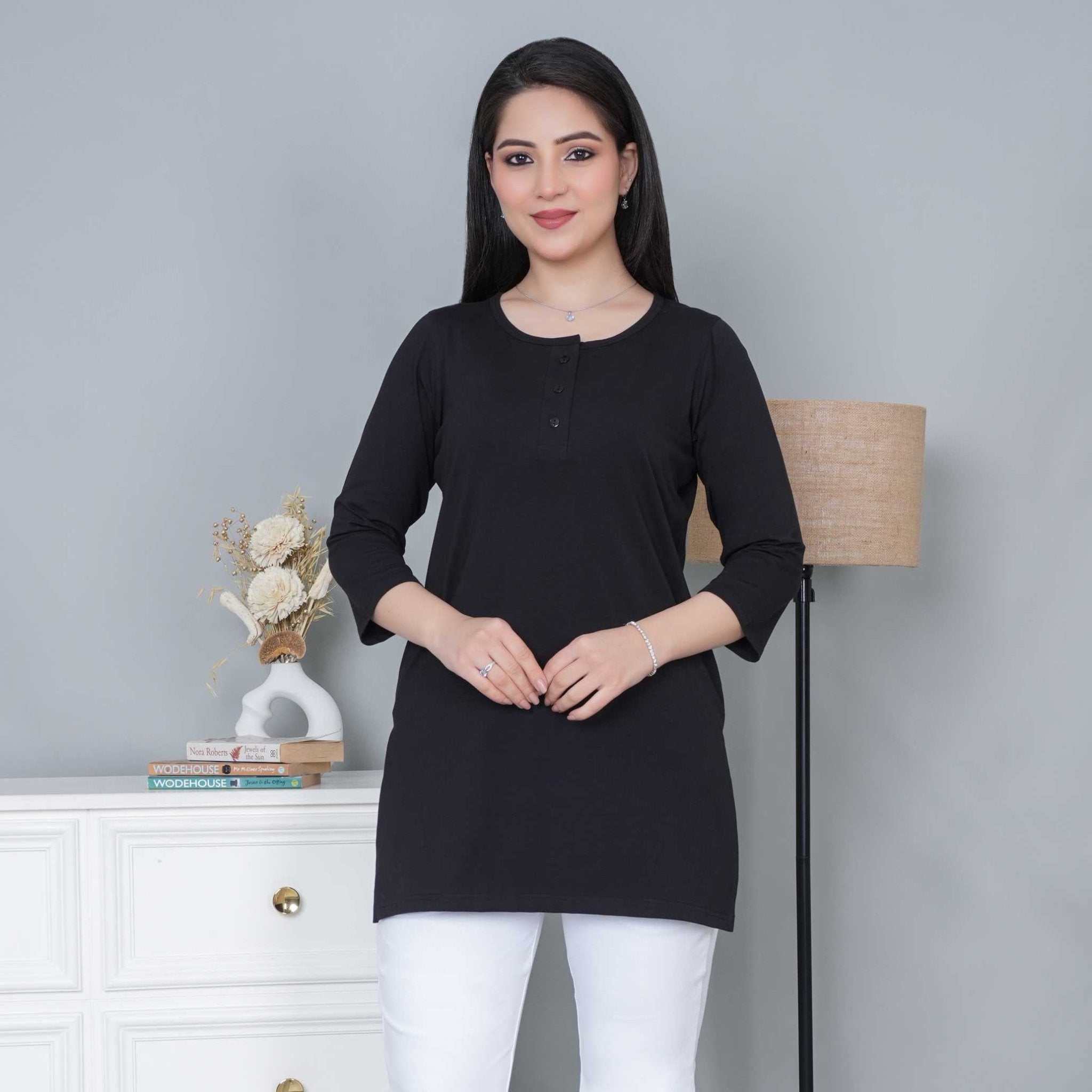 Black long round neck henley cotton lycra t-shirt with pockets - Long cotton t-shirt