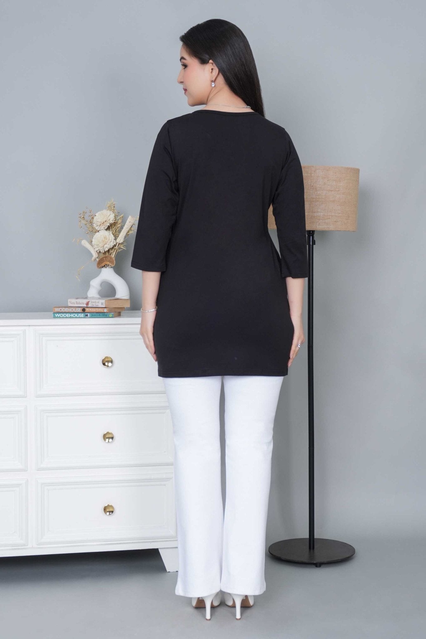 Black long round neck henley cotton lycra t-shirt with pockets - Long cotton t-shirt
