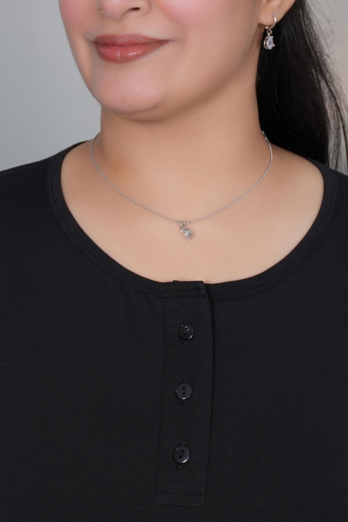 Black long round neck henley cotton lycra t-shirt with pockets - Long cotton t-shirt