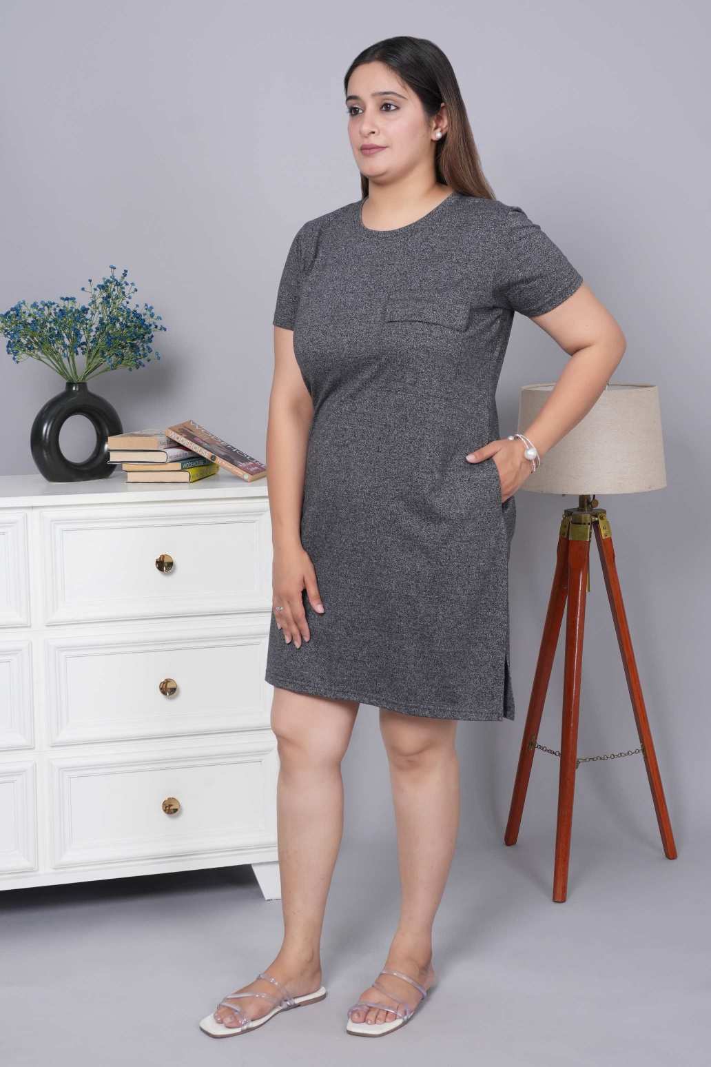 Black melange cotton round neck dress with flap pocket - Flap pocket dress
