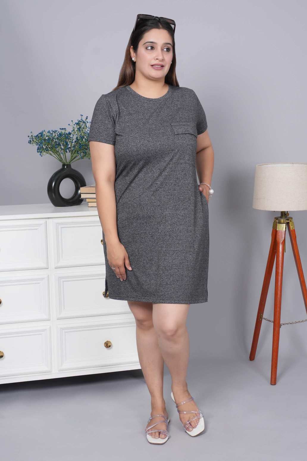 Black melange cotton round neck dress with flap pocket - Flap pocket dress