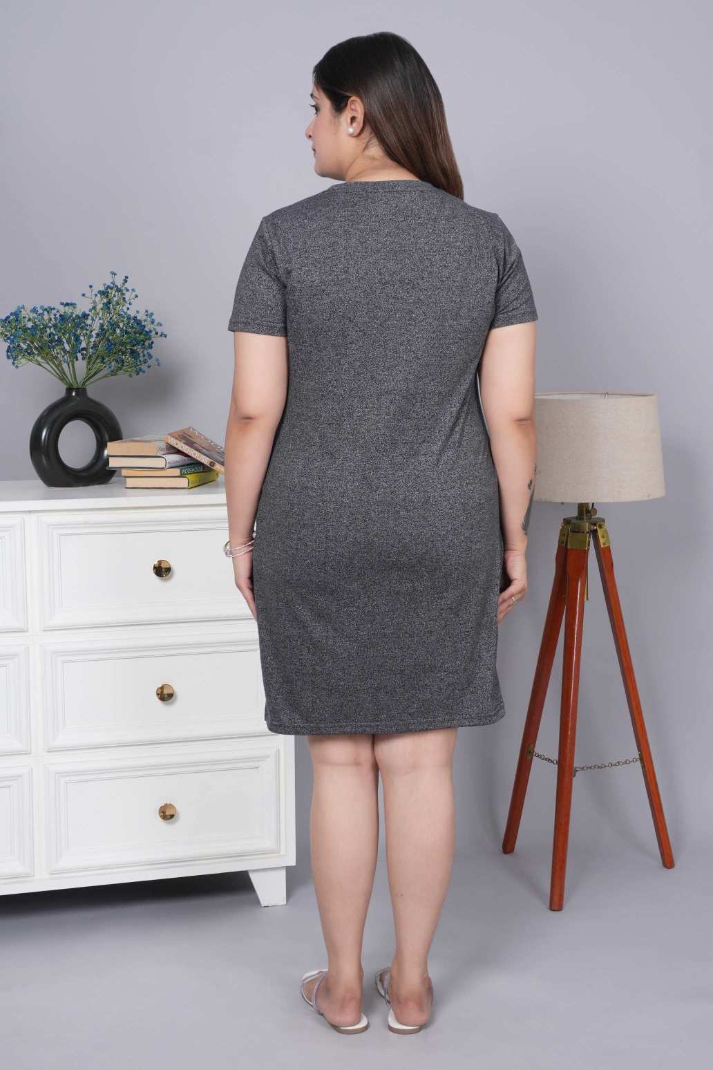 Black melange cotton round neck dress with flap pocket - Flap pocket dress
