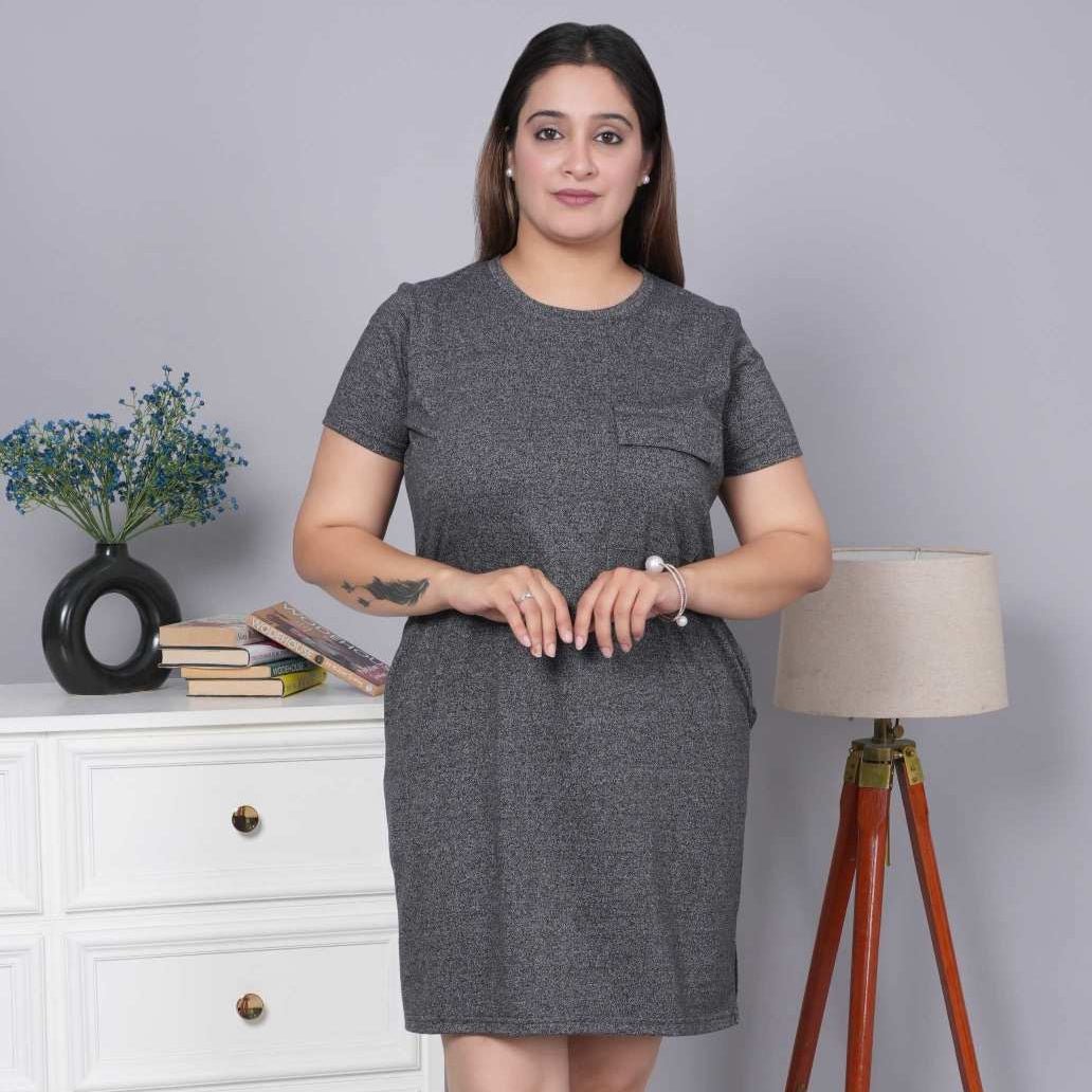 Black melange cotton round neck dress with flap pocket - Flap pocket dress