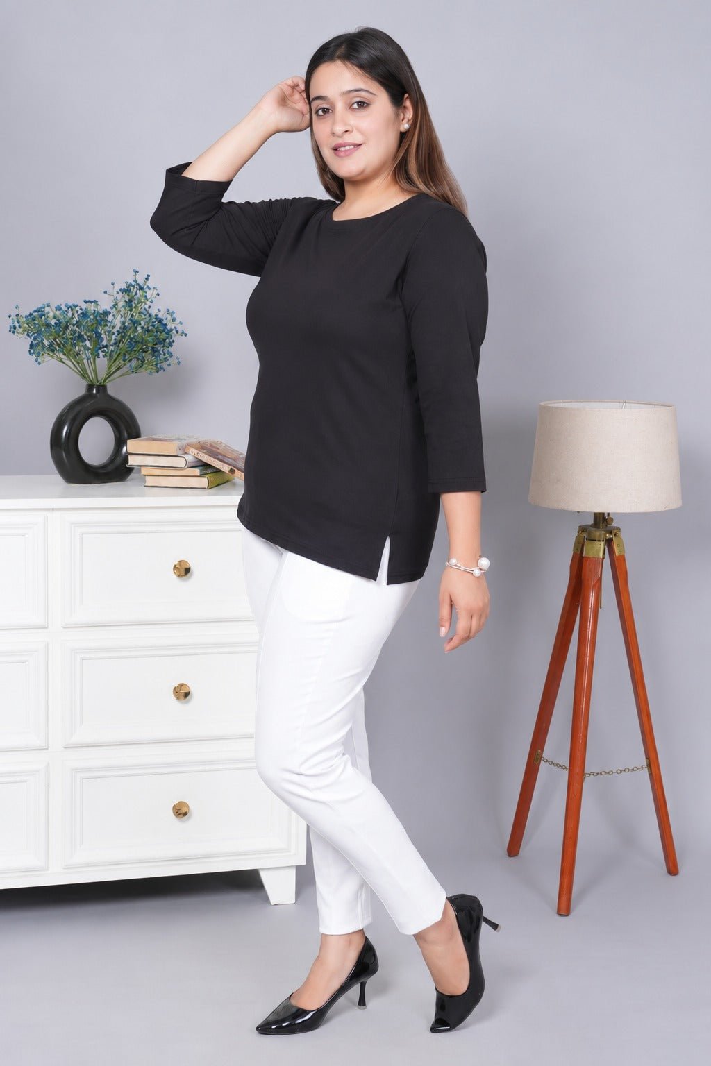 Black Round Neck Cotton Lycra 3/4 Sleeve T Shirt -Cotton t shirt