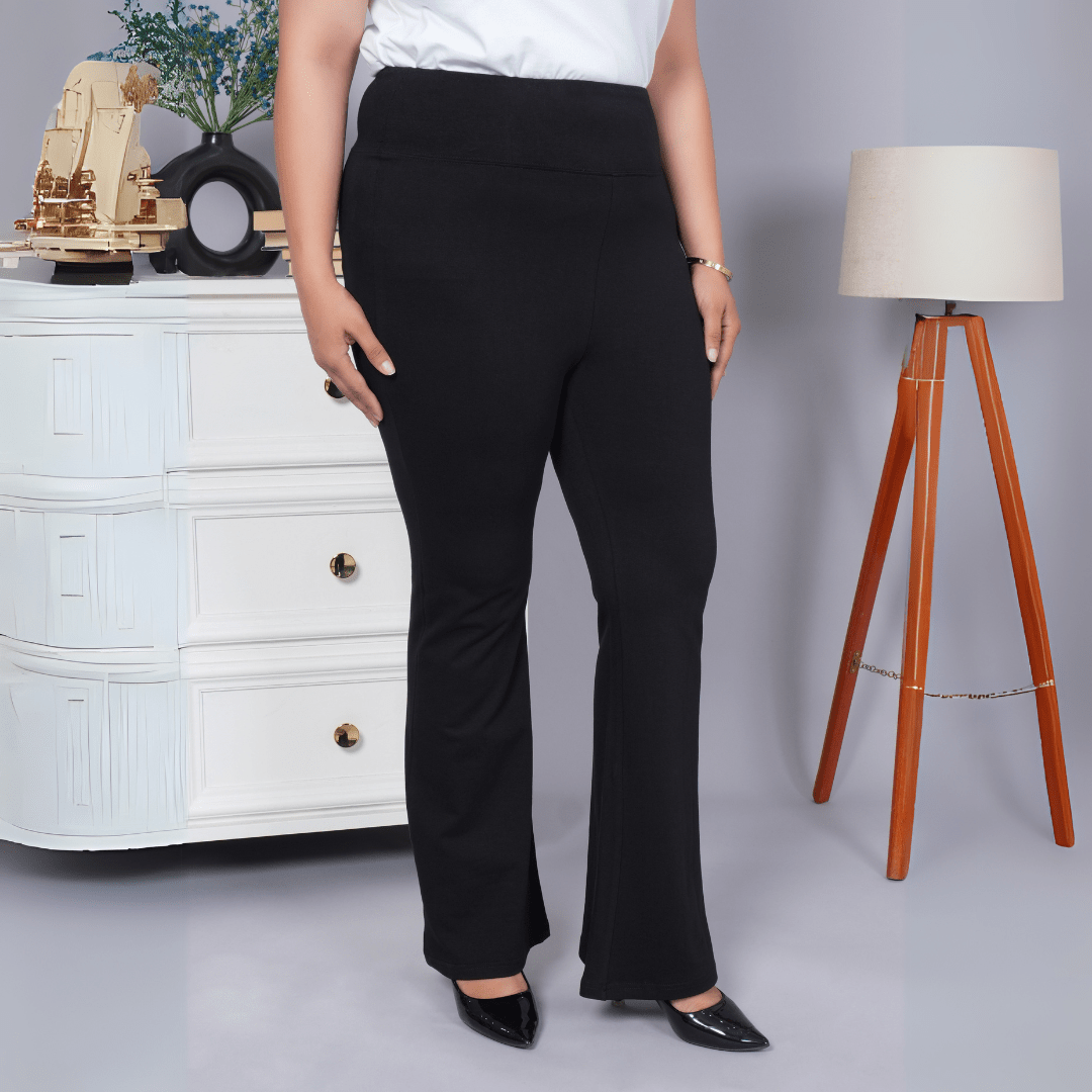 Black stretchable biowash cotton flare pants with superior elastic belt. - Cotton flare