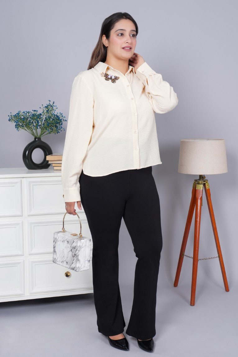 Black stretchable biowash cotton flare pants with superior elastic belt. - Cotton flare