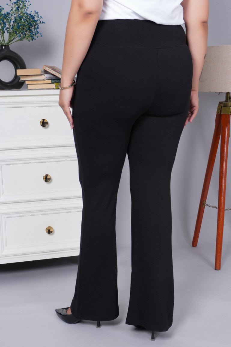 Black stretchable biowash cotton flare pants with superior elastic belt. - Cotton flare